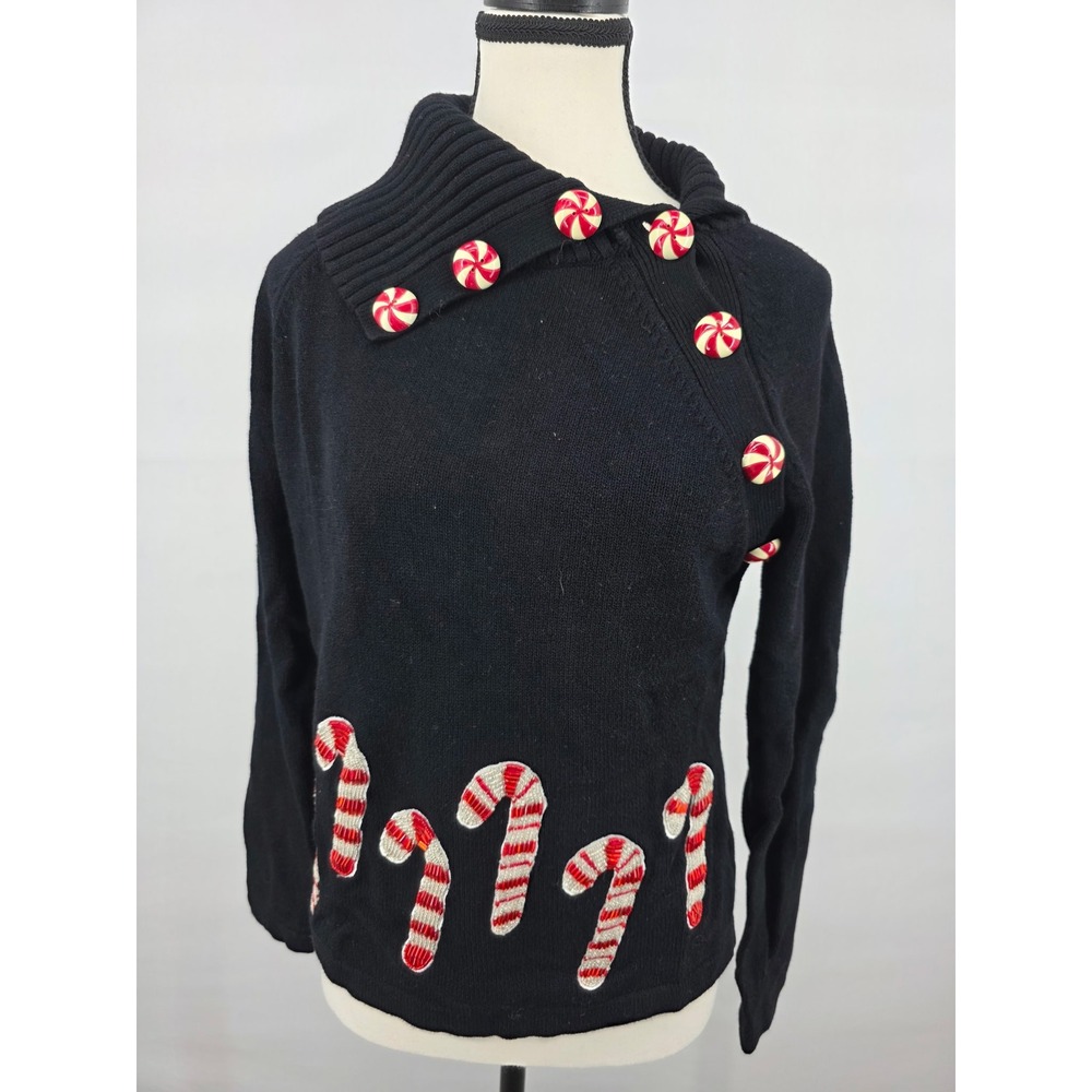 Bellepointe Womens Small Black Christmas Candy Cane Peppermint Button Sweater